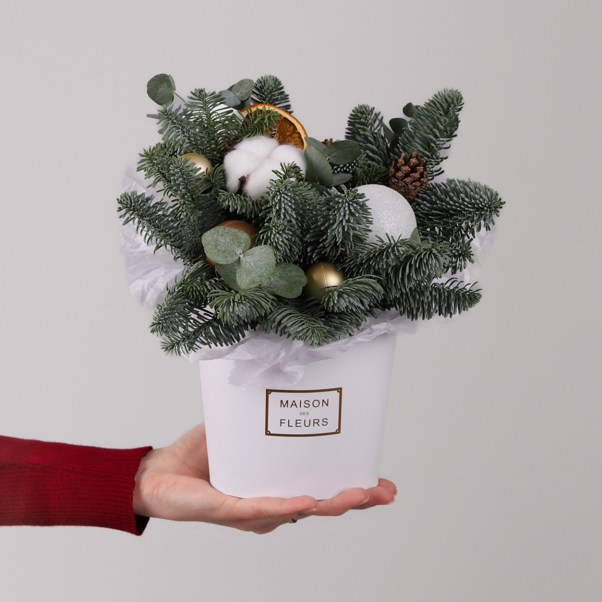 zimnyaya kompoziciya v korobke s datskoj elkoj 6